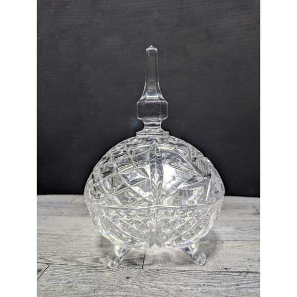 Lead Crystal Cut Etched Square Lidded 4 Toes Candy Dish Germany EXCELLENT USED - Picture 1 of 9